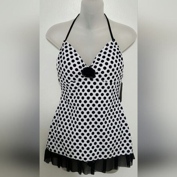 Kenneth Cole Reaction 1PC Swim Black & White Dots Ruffle Hem Women's Size Large - Picture 3 of 6